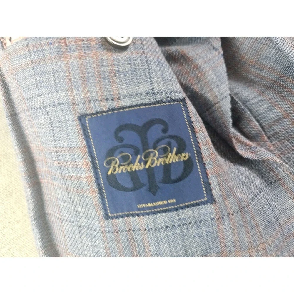 Brooks Brothers Sport Coat Mens 38 R Blue Plaid Linen Wool Itlay Half Lined